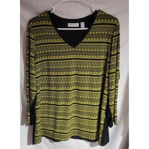 Susan Graver Tunic Top Large Liquid Knit Yellow Black Geo Print V-Neck Buttons
